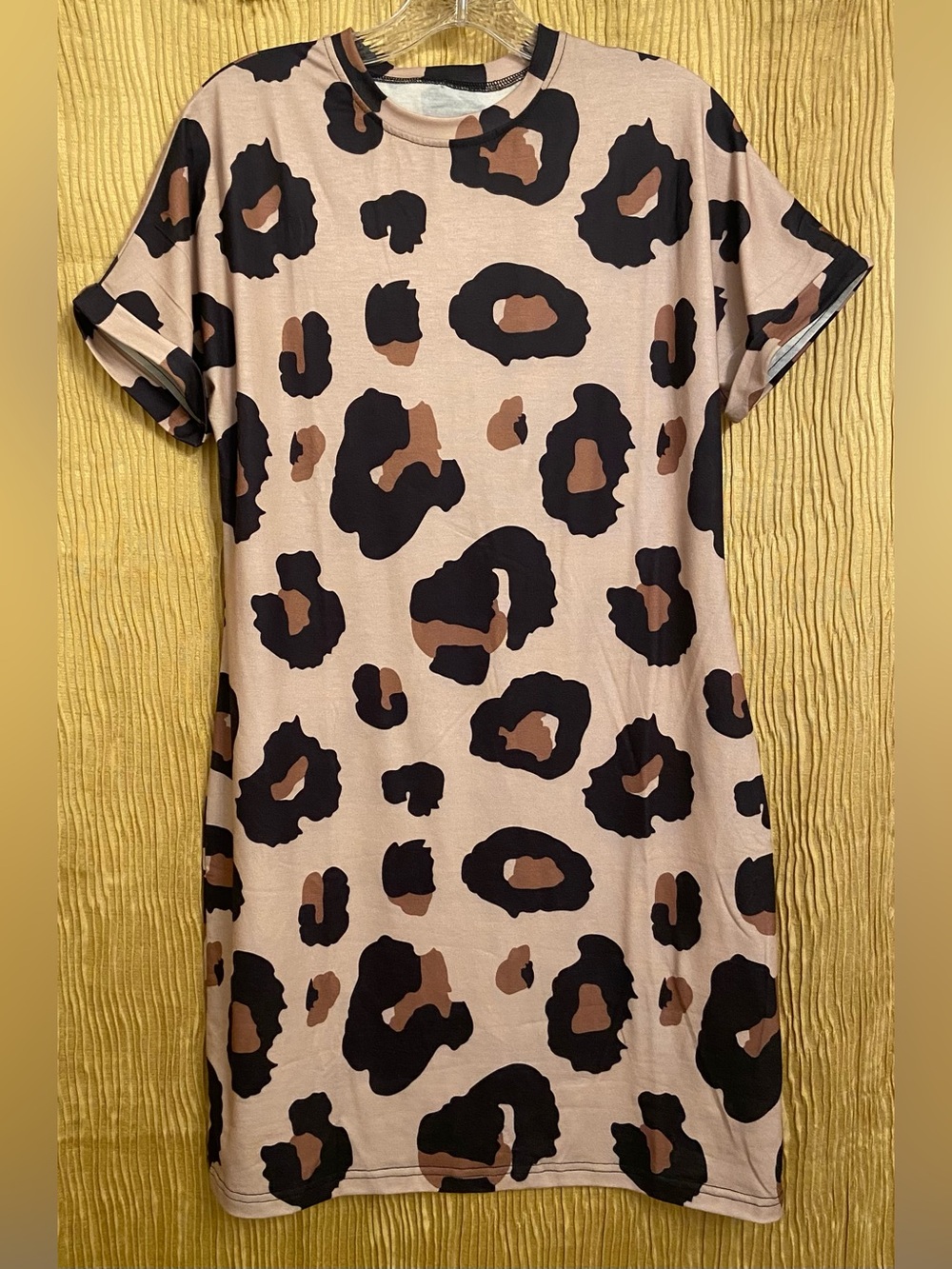 Leopard Print Short Sleeve Shift Dress - Beige and Black